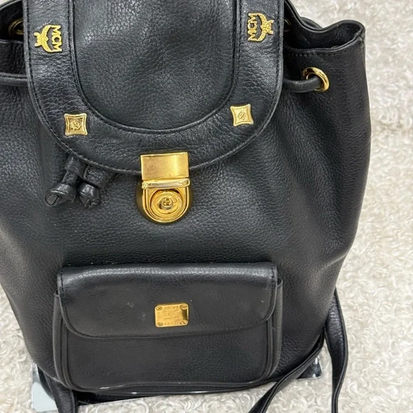 MCM Black Leather Backpack with Gold Accents - Picture 3 of 15
